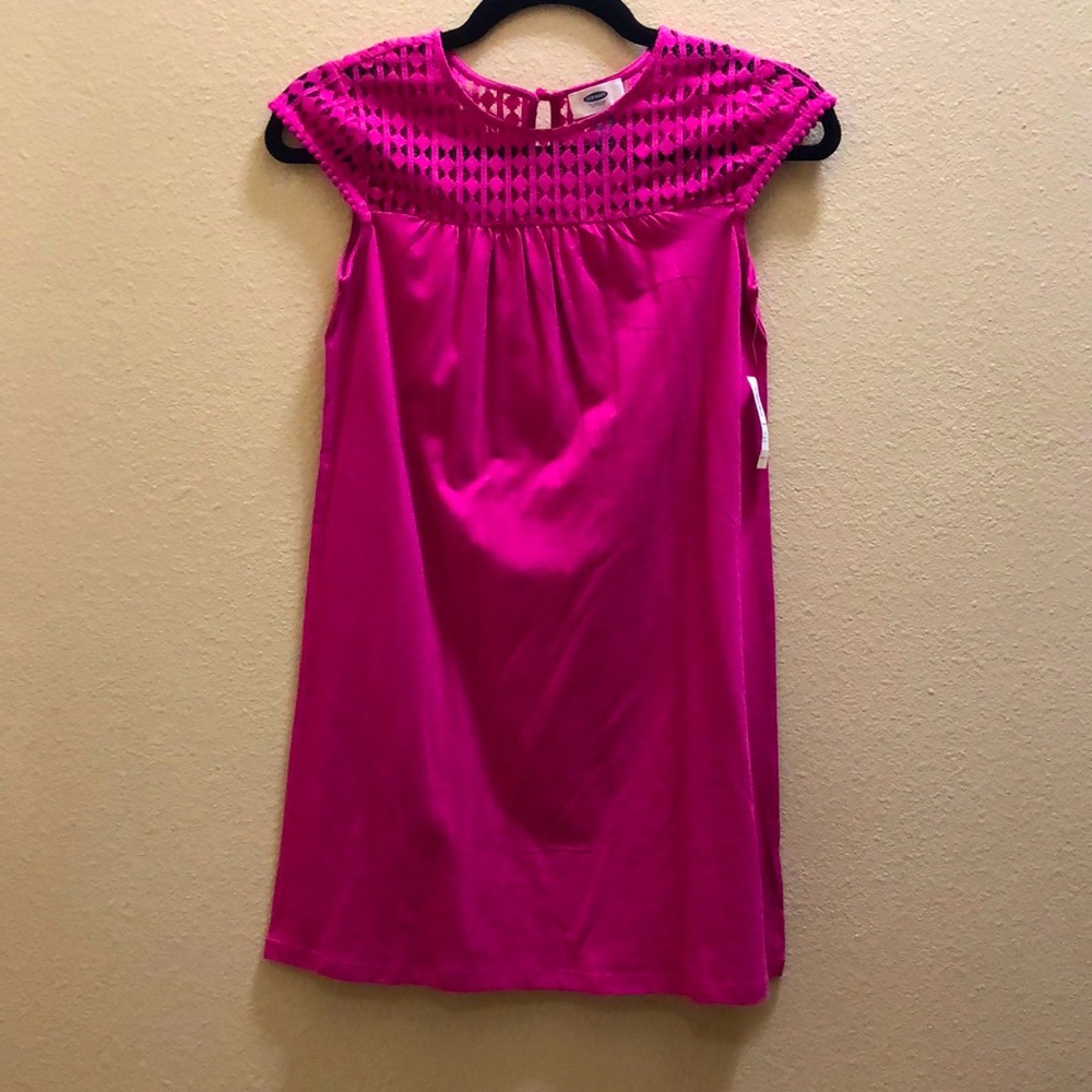 NWT pink dress with lace and pompom accents size large (10/12)